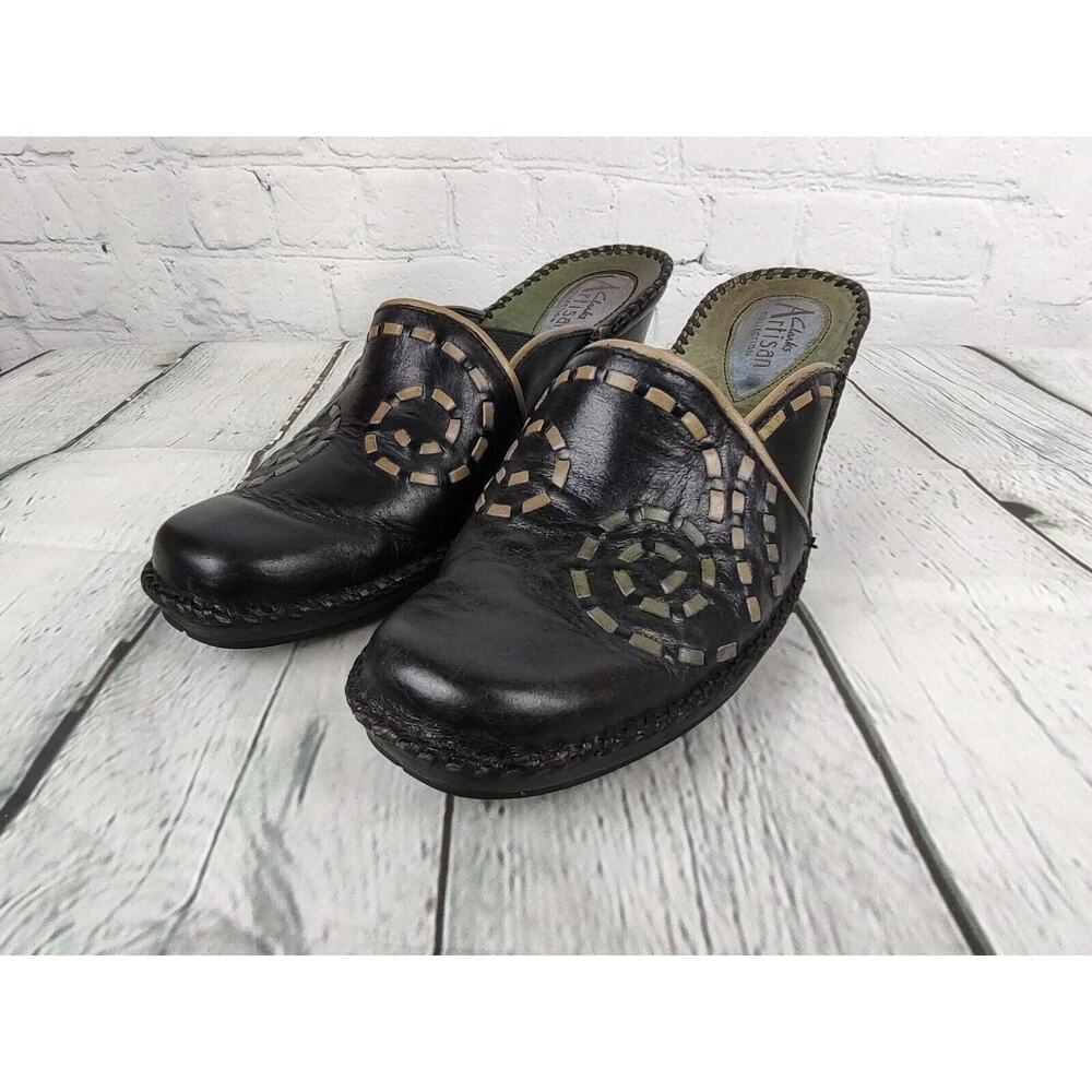 Clarks Artisan Black Leather Wedge Mule Clogs Stitched Embroidered 7M 72964